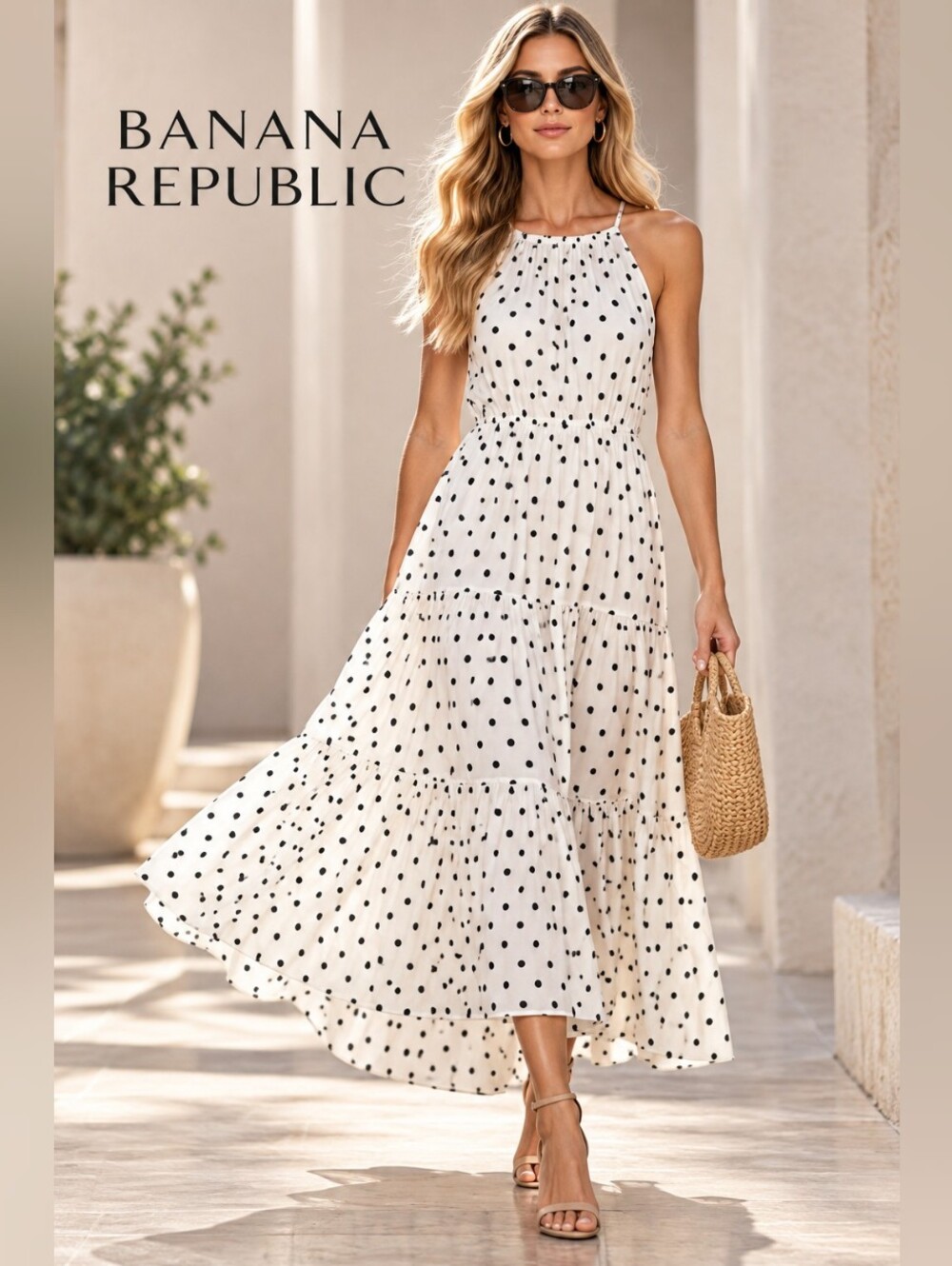 Banana Republic Polka Dot Tiered Midi Maxi Dress White Black Size M